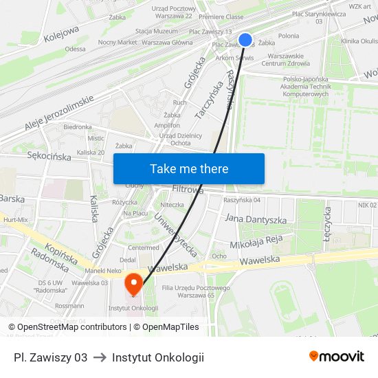 Pl. Zawiszy 03 to Instytut Onkologii map