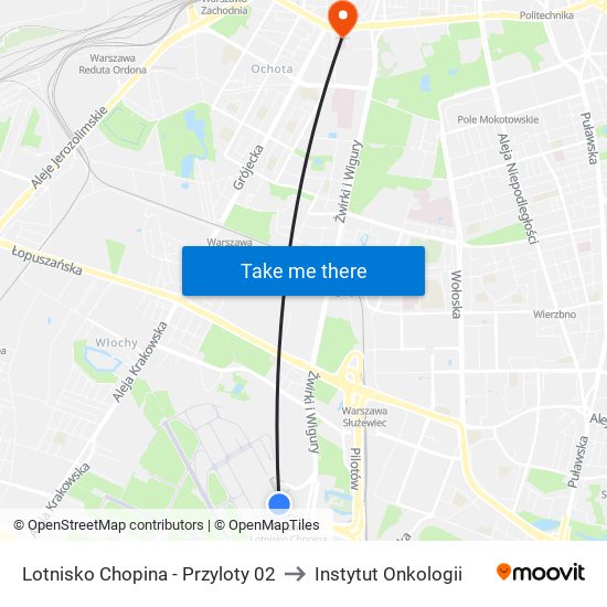 Lotnisko Chopina-Przyloty to Instytut Onkologii map