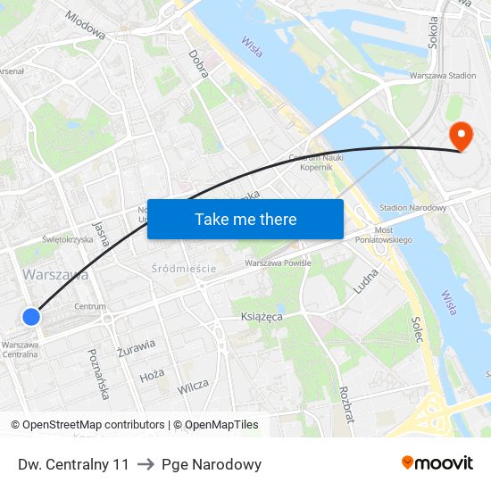 Dw. Centralny 11 to Pge Narodowy map