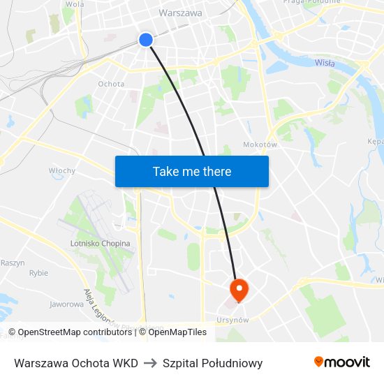 Warszawa Ochota WKD to Szpital Południowy map