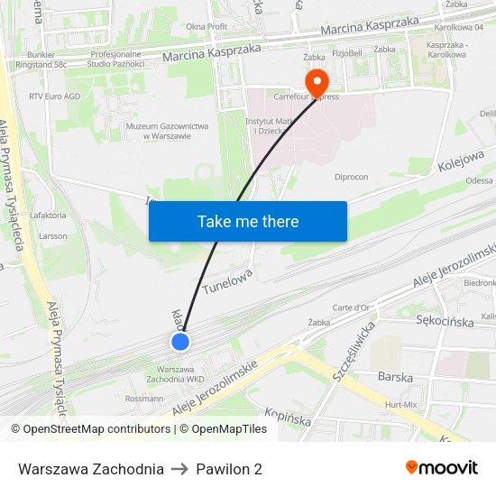 Warszawa Zachodnia to Pawilon 2 map