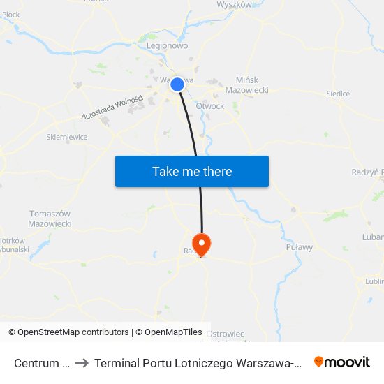 Centrum to Terminal Portu Lotniczego Warszawa-Radom map