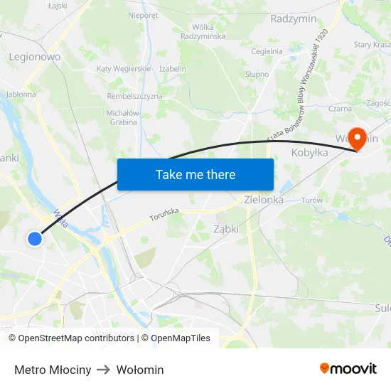 Metro Młociny to Wołomin map