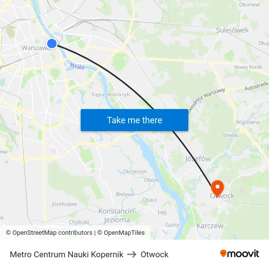 Metro Centrum Nauki Kopernik to Otwock map