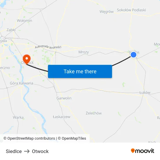 Siedlce to Otwock map