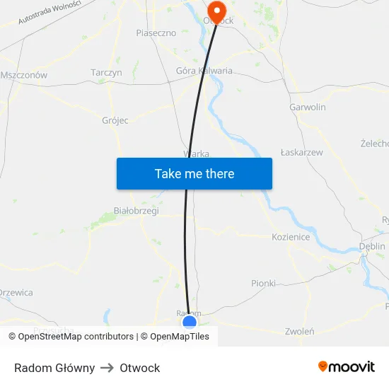 Radom Główny to Otwock map