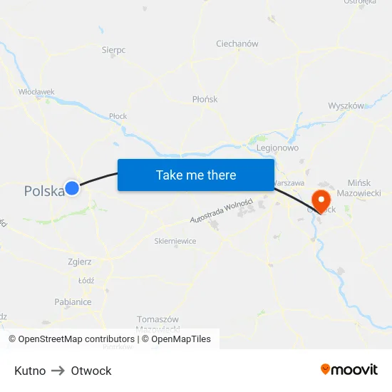 Kutno to Otwock map