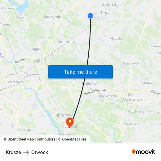 Krusze to Otwock map
