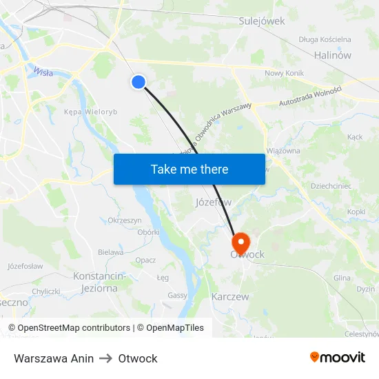 Warszawa Anin to Otwock map