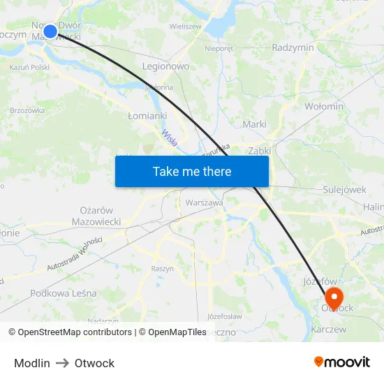 Modlin to Otwock map