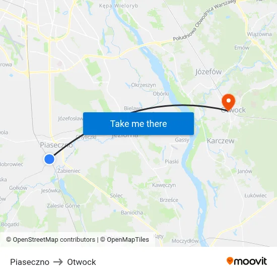 Piaseczno to Otwock map