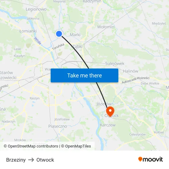 Brzeziny to Otwock map