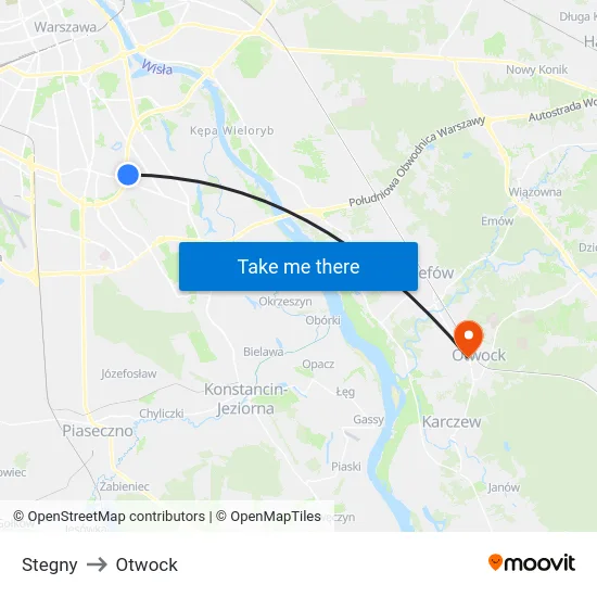 Stegny to Otwock map