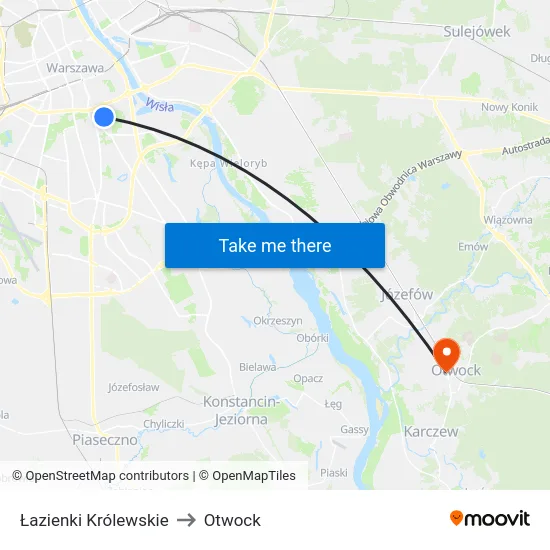 Łazienki Królewskie to Otwock map