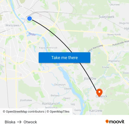 Bliska to Otwock map