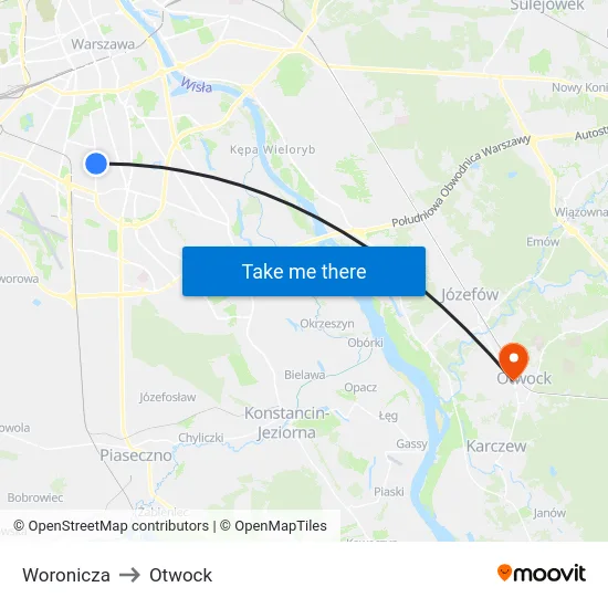 Woronicza to Otwock map