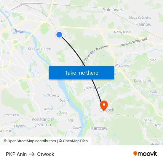PKP Anin to Otwock map