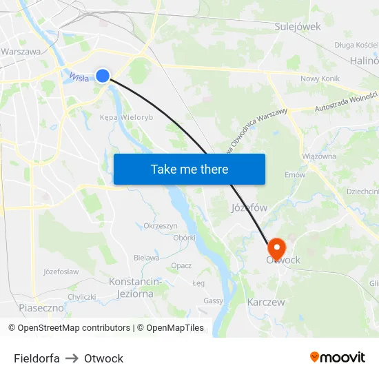Fieldorfa to Otwock map