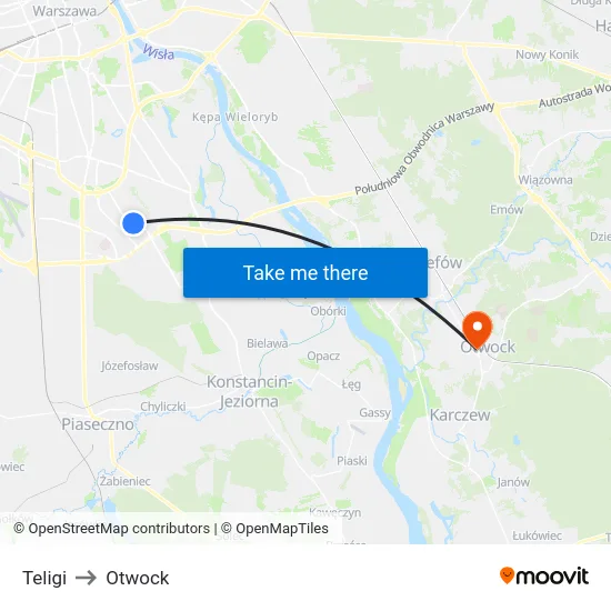 Teligi to Otwock map