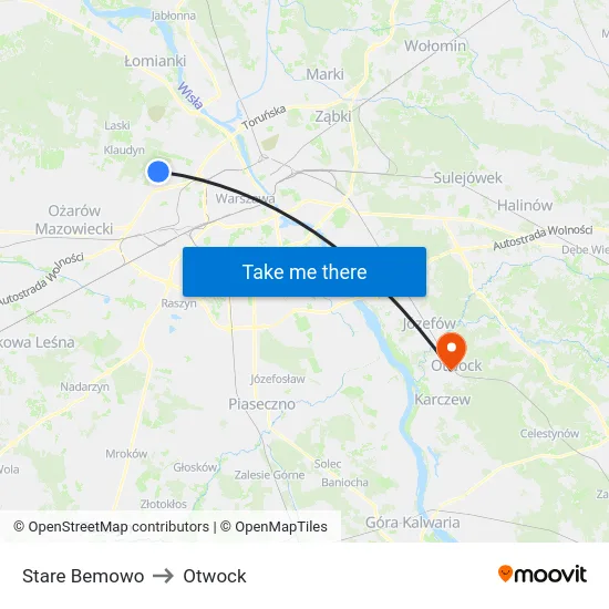 Stare Bemowo to Otwock map