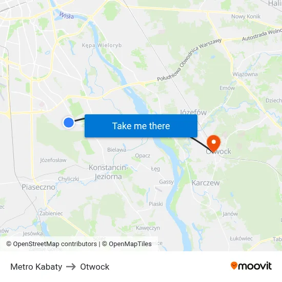 Metro Kabaty to Otwock map