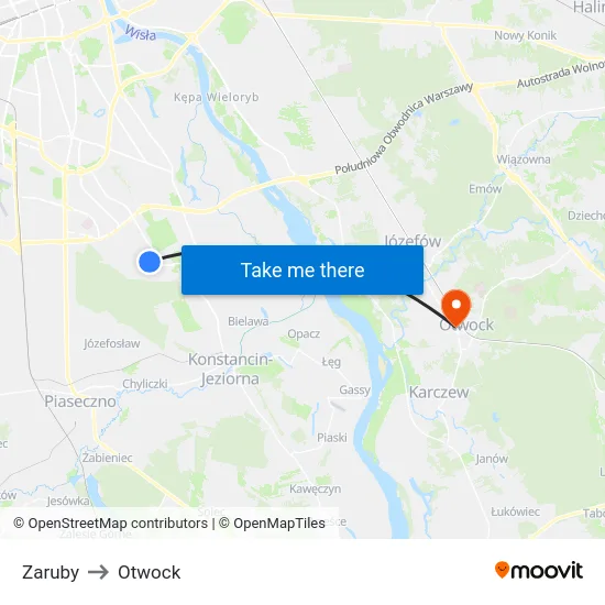 Zaruby to Otwock map