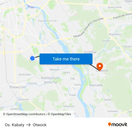Os. Kabaty to Otwock map
