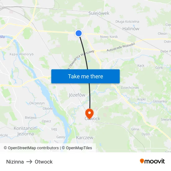 Nizinna to Otwock map