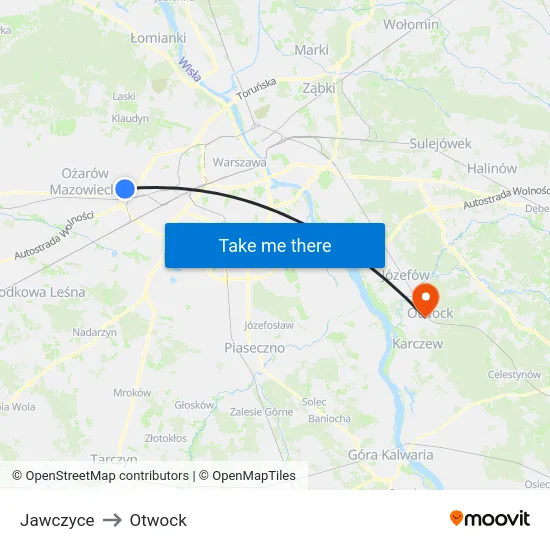 Jawczyce to Otwock map