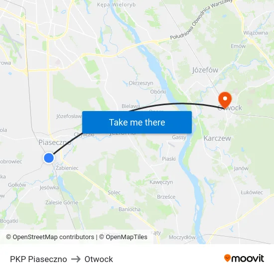 PKP Piaseczno to Otwock map