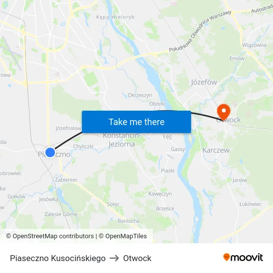 Piaseczno Kusocińskiego to Otwock map