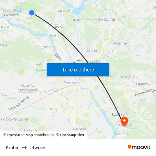 Krubin to Otwock map