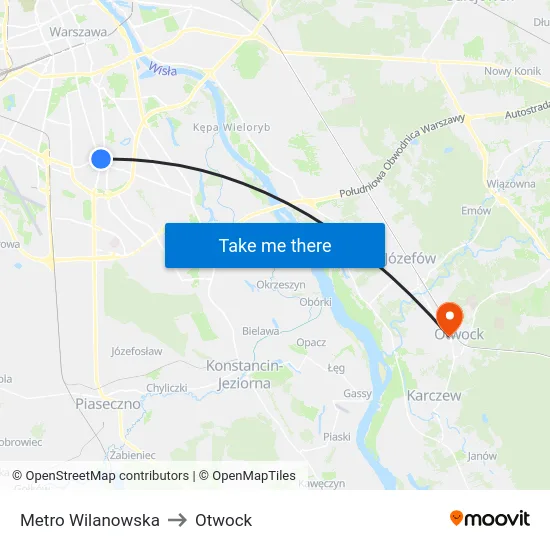 Metro Wilanowska to Otwock map