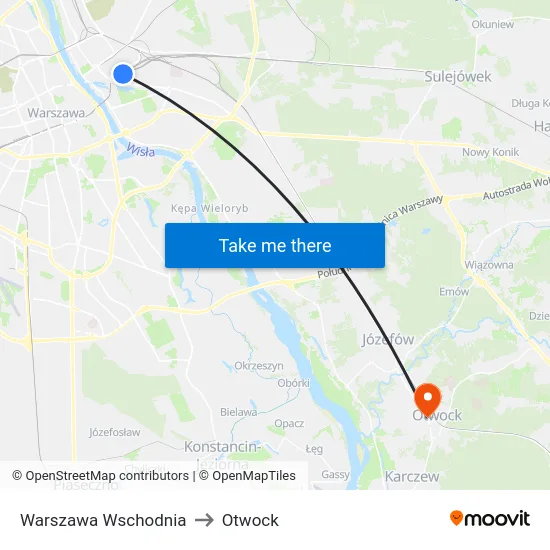 Warszawa Wschodnia to Otwock map
