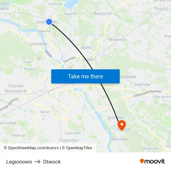 Legionowo to Otwock map