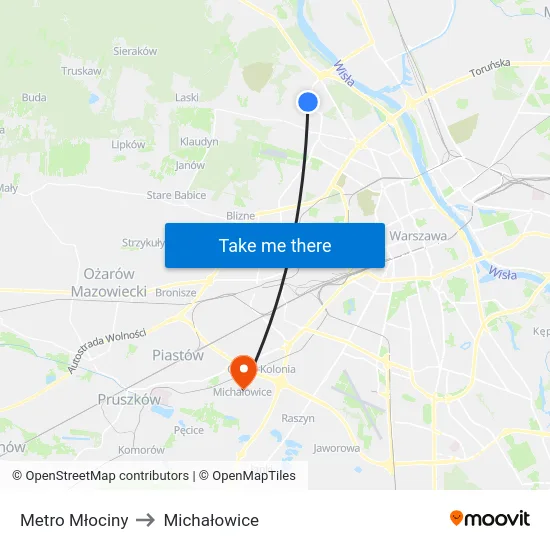 Metro Młociny to Michałowice map