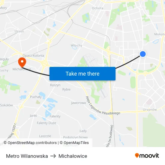 Metro Wilanowska to Michałowice map