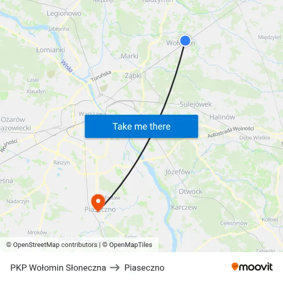 PKP Wołomin Słoneczna to Piaseczno map