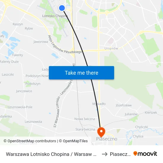 Warszawa Lotnisko Chopina / Warsaw Airport to Piaseczno map