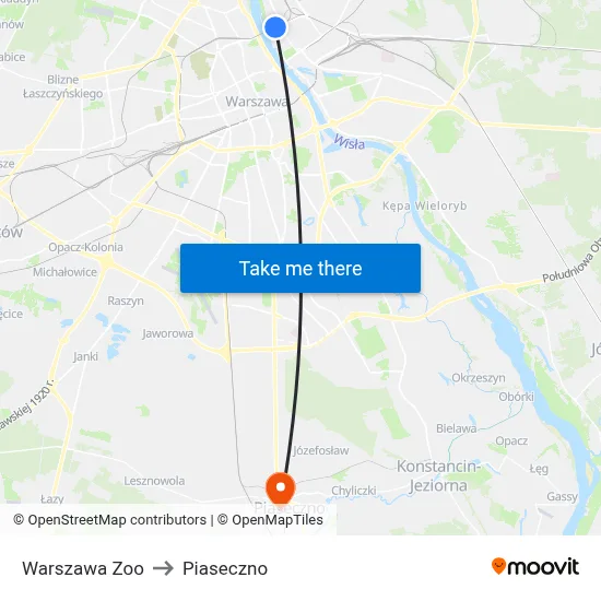 Warszawa Zoo to Piaseczno map