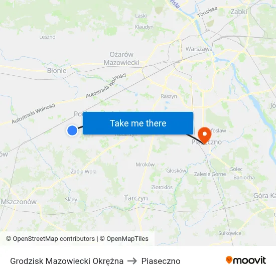 Grodzisk Mazowiecki Okrężna to Piaseczno map