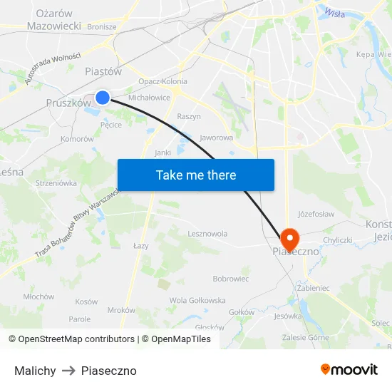 Malichy to Piaseczno map