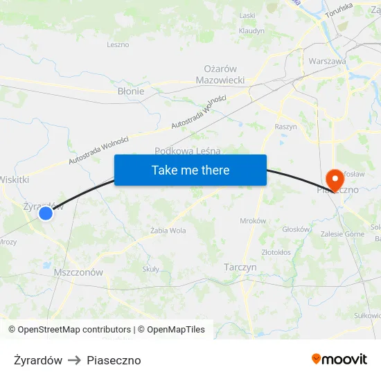 Żyrardów to Piaseczno map