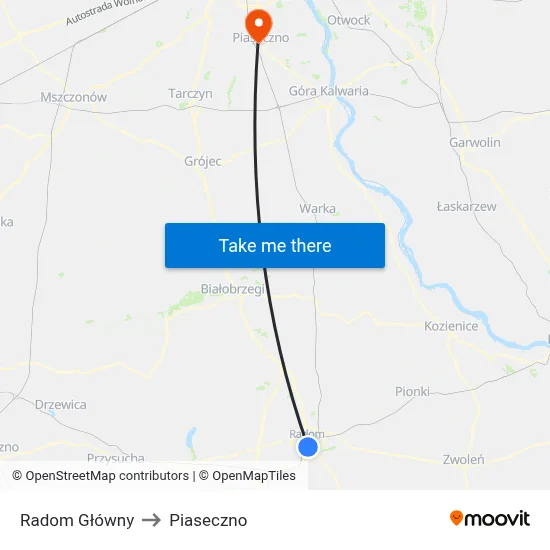Radom Główny to Piaseczno map