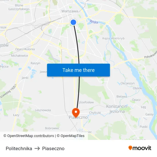 Politechnika to Piaseczno map