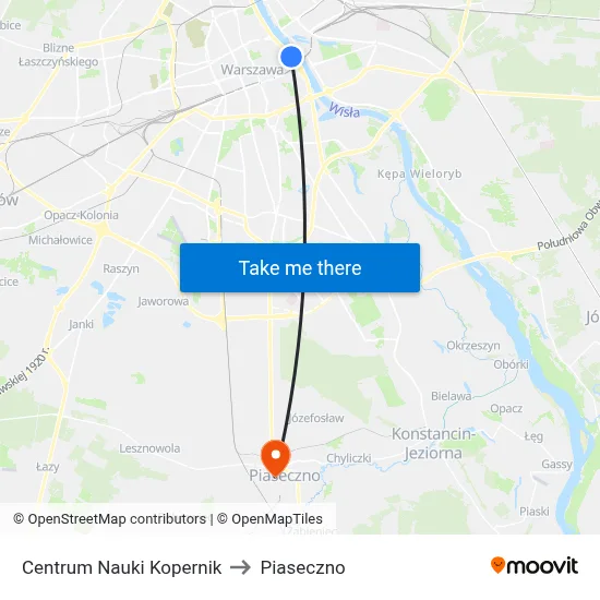 Centrum Nauki Kopernik to Piaseczno map