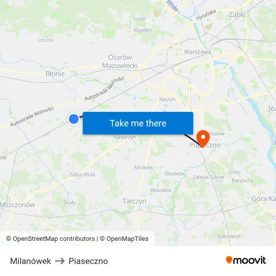 Milanówek to Piaseczno map