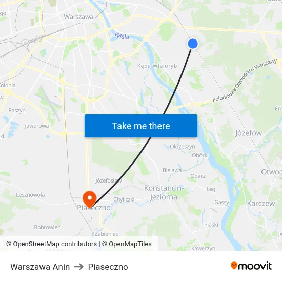 Warszawa Anin to Piaseczno map