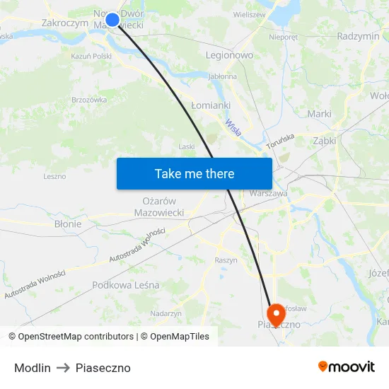 Modlin to Piaseczno map
