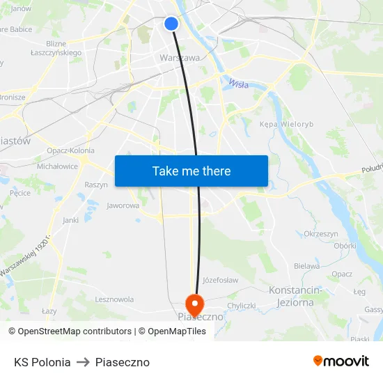 KS Polonia to Piaseczno map